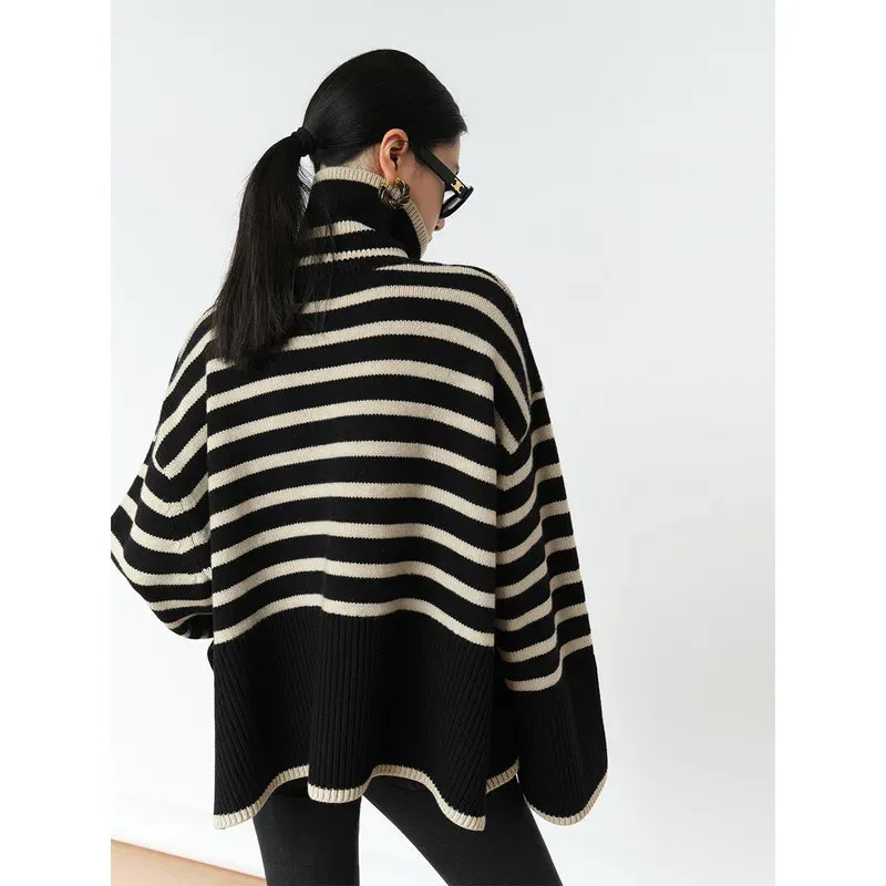 Oversized Striped Turtleneck Sweater Womens Fashionable Knitwear Loose Fit