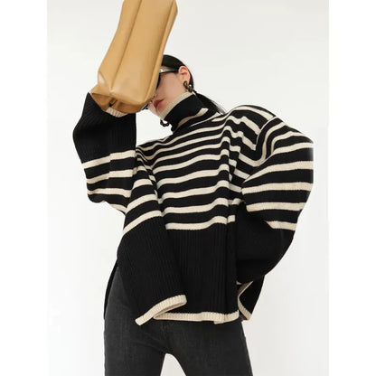 Oversized Striped Turtleneck Sweater Womens Fashionable Knitwear Loose Fit