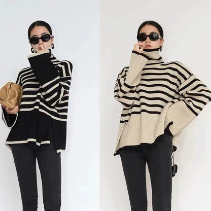 Oversized Striped Turtleneck Sweater Womens Fashionable Knitwear Loose Fit