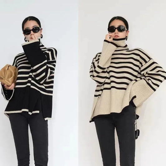 Oversized Striped Turtleneck Sweater Womens Fashionable Knitwear Loose Fit