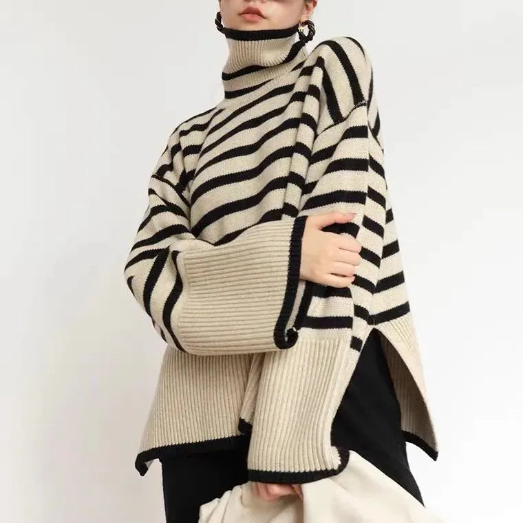Oversized Striped Turtleneck Sweater Womens Fashionable Knitwear Loose Fit