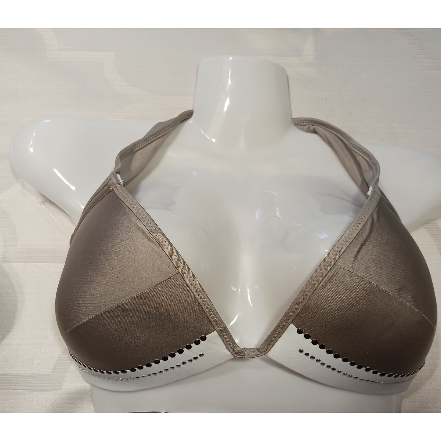 Rhinestone-Embellished Brown & White Bikini Top With Tie Back
