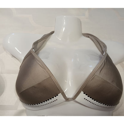 Rhinestone-Embellished Brown & White Bikini Top With Tie Back