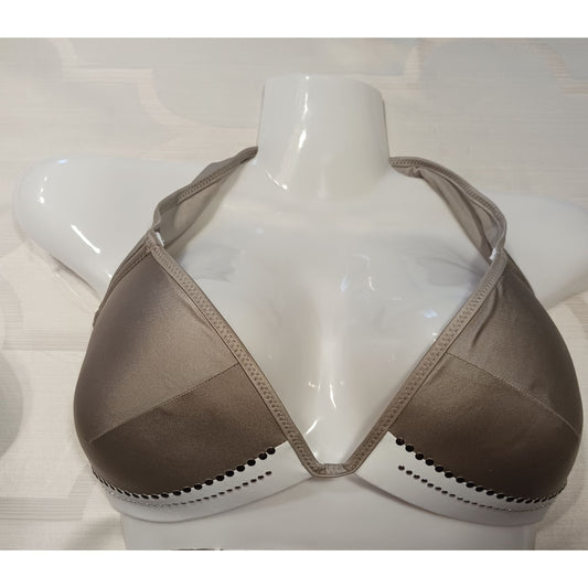 Rhinestone-Embellished Brown & White Bikini Top With Tie Back
