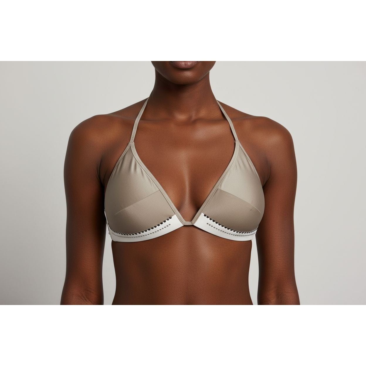 Rhinestone-Embellished Brown & White Bikini Top With Tie Back