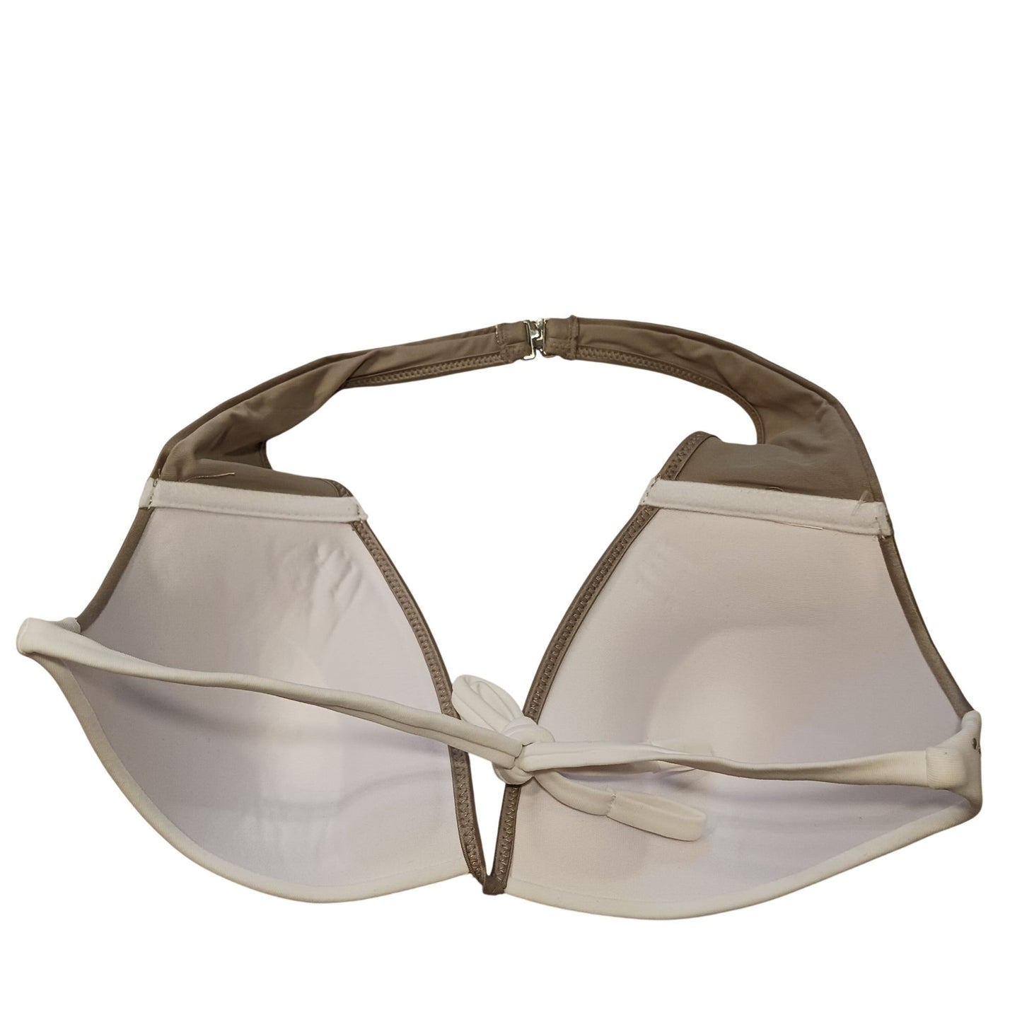 Rhinestone-Embellished Brown & White Bikini Top With Tie Back
