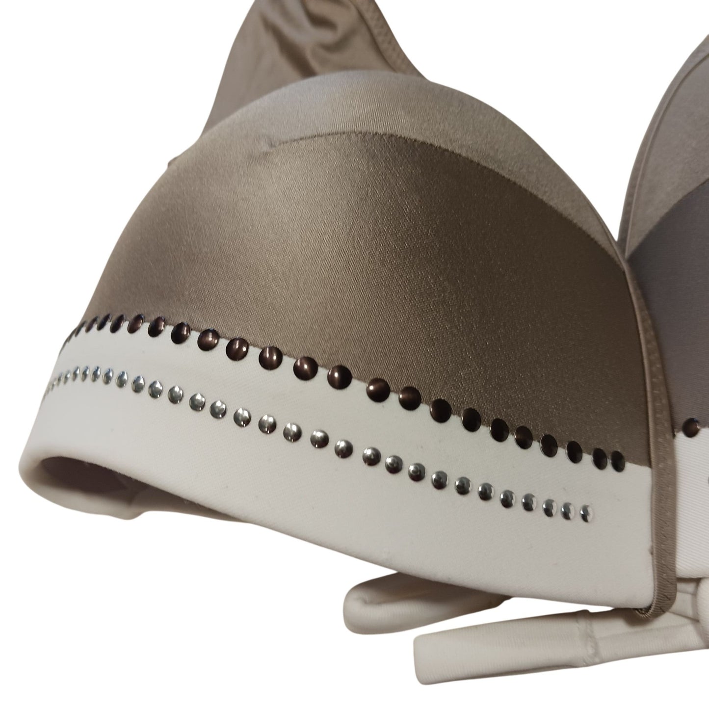 Rhinestone-Embellished Brown & White Bikini Top With Tie Back