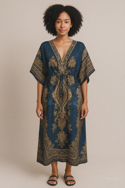 Bohemian Kaftan Maxi Dress  Deep Blue & Gold Floral Print V-Neck Adjustable Waist Flowy Resort Wear