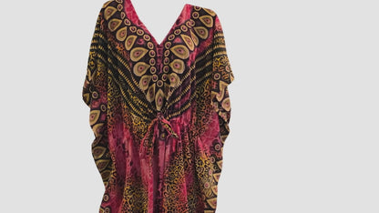 Boho-Style Womens Maxi Kaftan Dress With Drawstring Vibrant Animal & Abstract Print Lightweight Relaxed Fit Multicolor