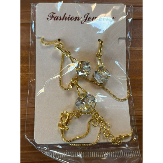 Gold-Tone Chain Necklace & Earrings Set With Clear Round Crystal Pendants