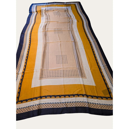 Yellow and Navy Geometric Patterned Scarf with Smooth Drape