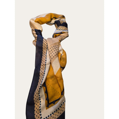 Yellow and Navy Geometric Patterned Scarf with Smooth Drape