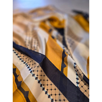 Yellow and Navy Geometric Patterned Scarf with Smooth Drape
