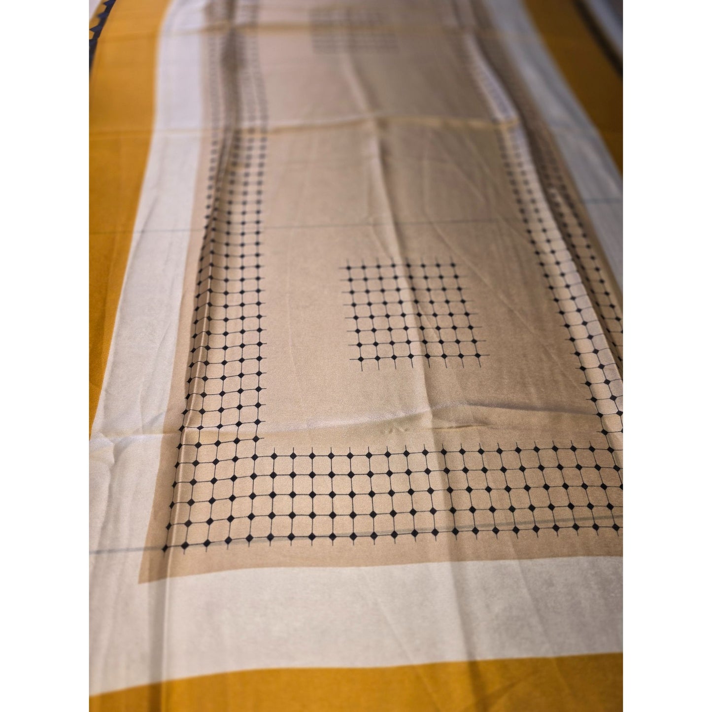 Yellow and Navy Geometric Patterned Scarf with Smooth Drape