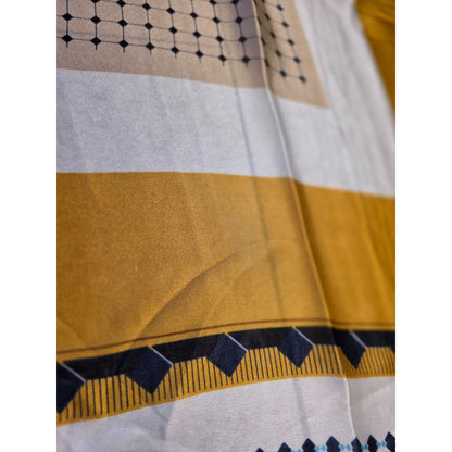 Yellow and Navy Geometric Patterned Scarf with Smooth Drape