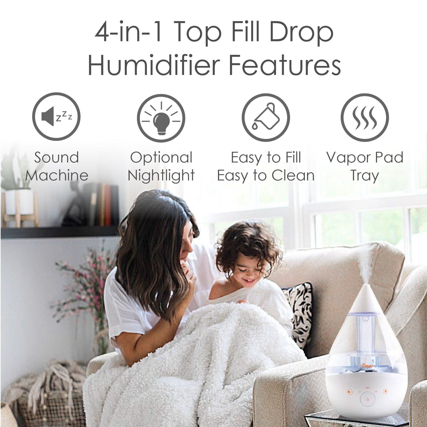 CRANE - 1 Gal. Drop Cool Mist Humidifier with Sound Machine - Clear/White