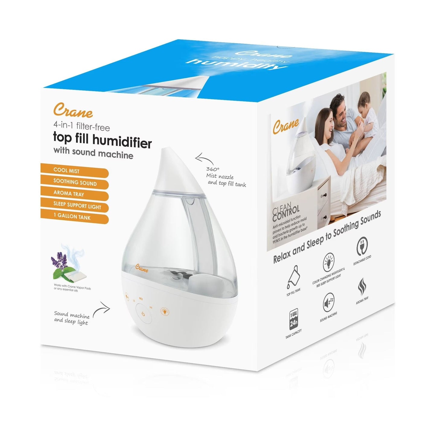 CRANE - 1 Gal. Drop Cool Mist Humidifier with Sound Machine - Clear/White