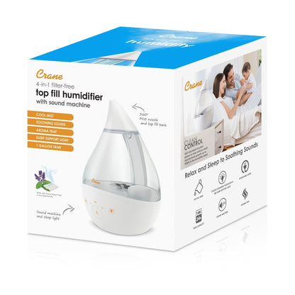 CRANE - 1 Gal. Drop Cool Mist Humidifier with Sound Machine - Clear/White