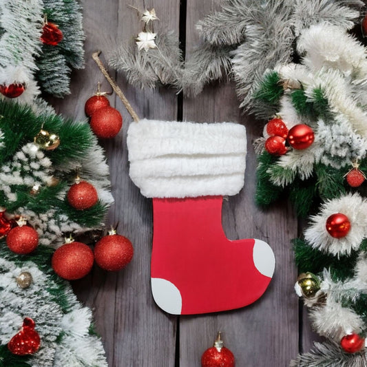 Wooden Christmas Stocking Ornament With Faux Fur Trim