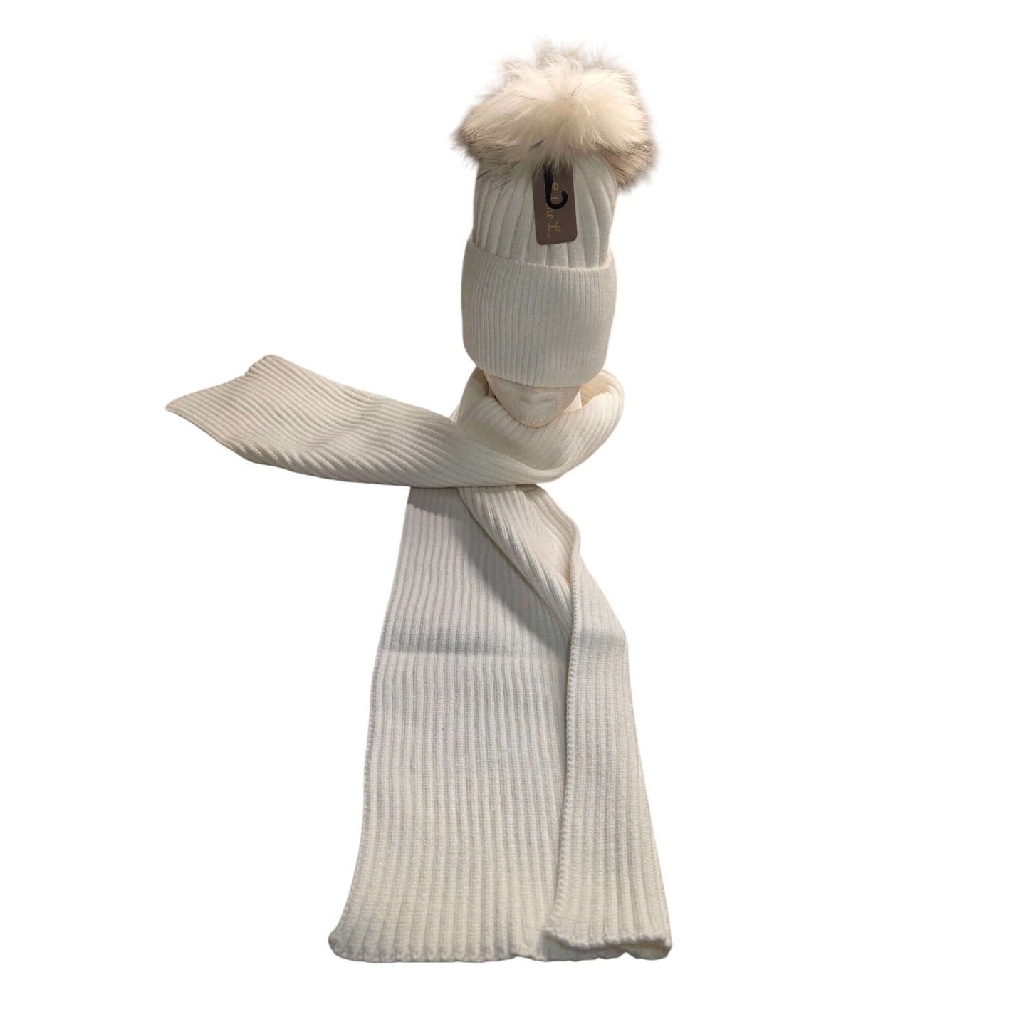 Ribbed Knit Winter Set With Faux Fur Pom Beanie & Scarf In Ivory or Gray