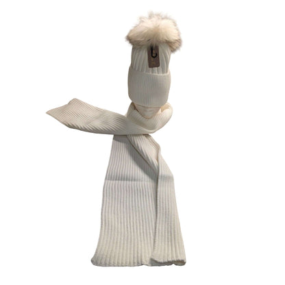 Ribbed Knit Winter Set With Faux Fur Pom Beanie & Scarf In Ivory or Gray