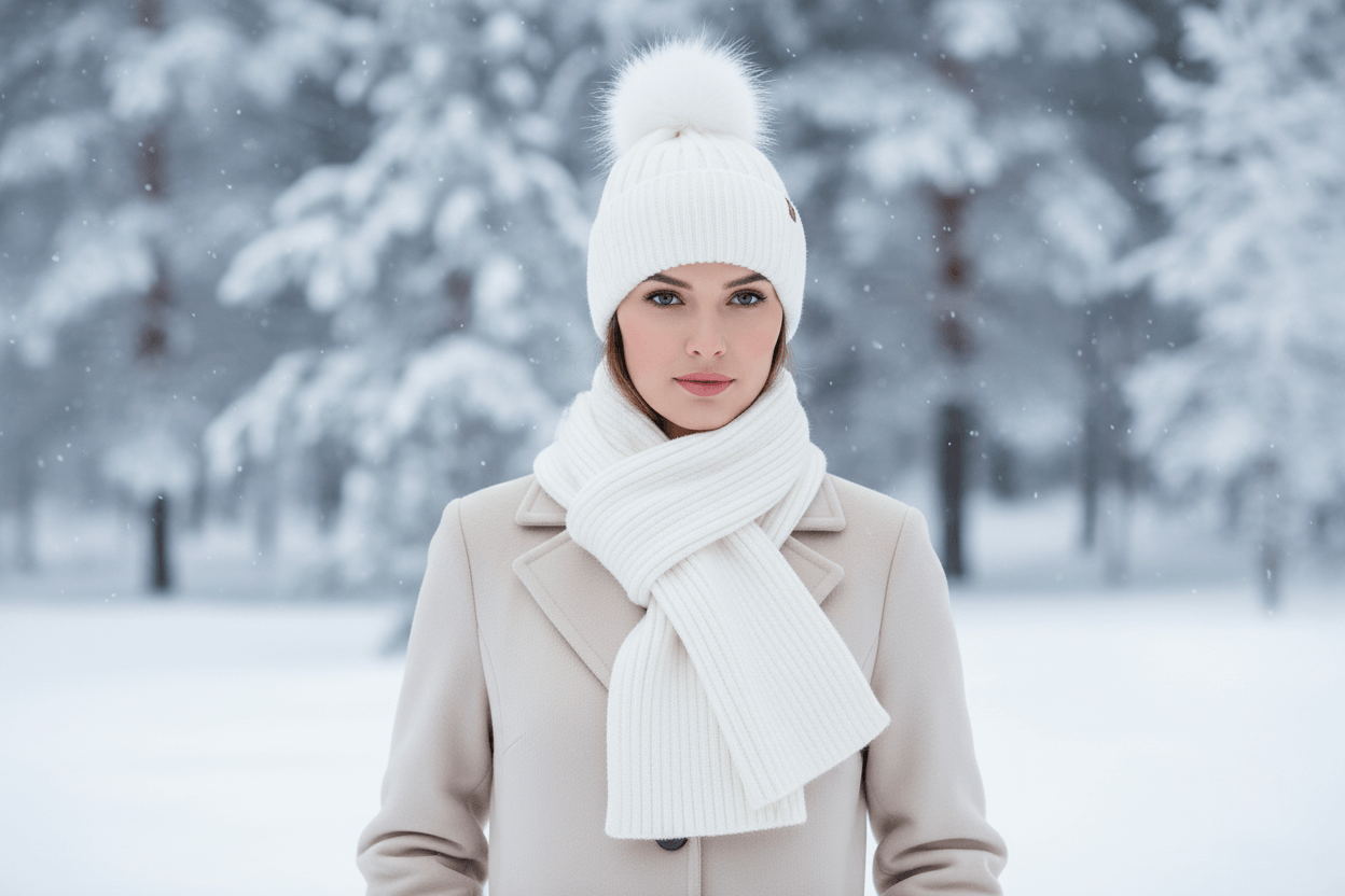 Ribbed Knit Winter Set With Faux Fur Pom Beanie & Scarf In Ivory or Gray
