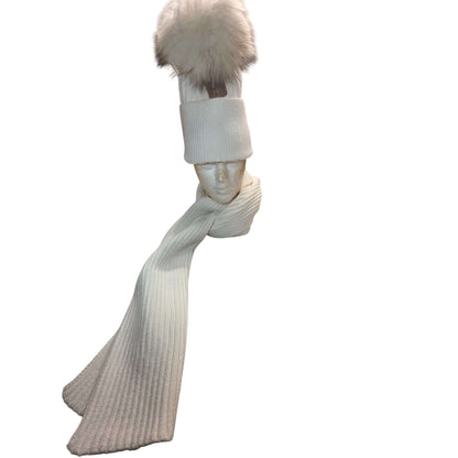 Ribbed Knit Winter Set With Faux Fur Pom Beanie & Scarf In Ivory or Gray