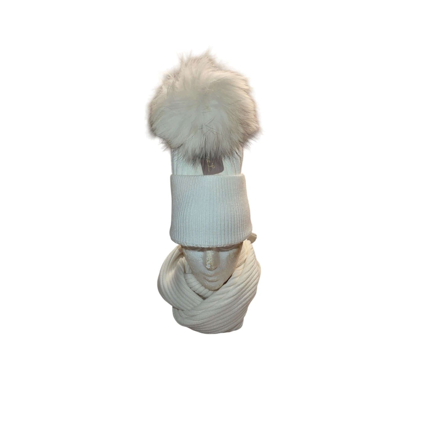 Ribbed Knit Winter Set With Faux Fur Pom Beanie & Scarf In Ivory or Gray
