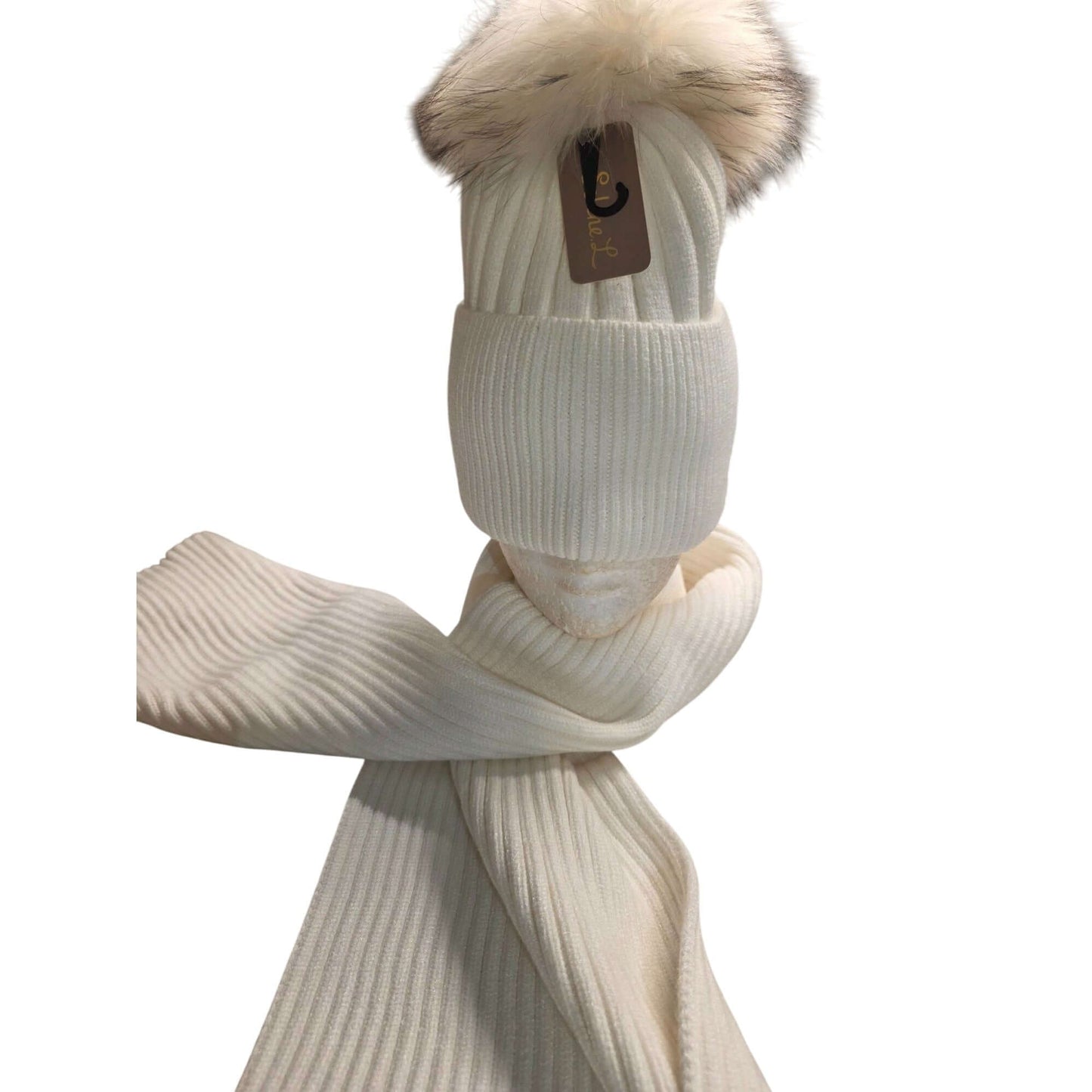 Ribbed Knit Winter Set With Faux Fur Pom Beanie & Scarf In Ivory or Gray