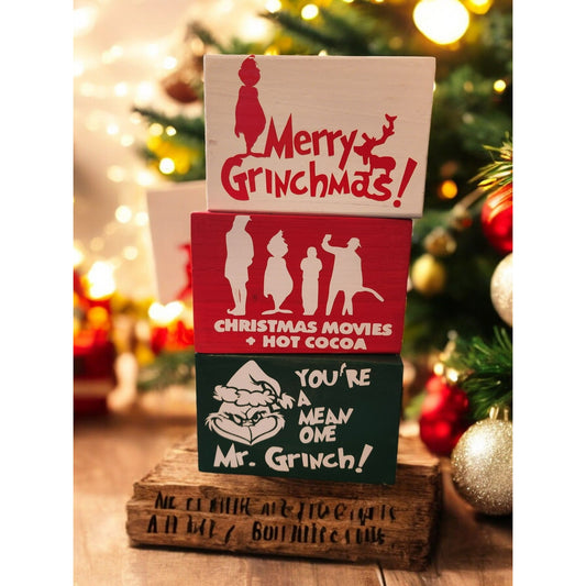 Merry Grinchmas Stacking Blocks Set - Handmade Wooden Holiday Decorations Inspired By National Lampoons Christmas Vacation