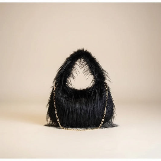 Women’s Faux Fur Hobo Shoulder Bag With Chain Strap Soft Plush Purse