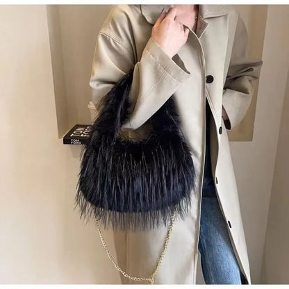 Women’s Faux Fur Hobo Shoulder Bag With Chain Strap Soft Plush Purse