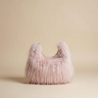 Women’s Faux Fur Hobo Shoulder Bag With Chain Strap Soft Plush Purse