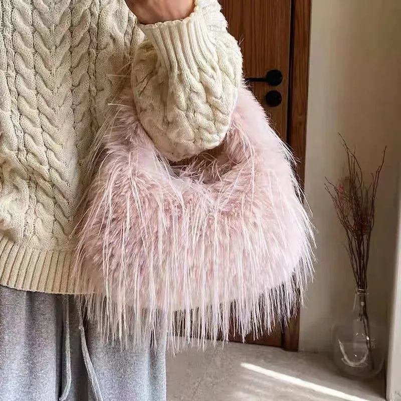 Women’s Faux Fur Hobo Shoulder Bag With Chain Strap Soft Plush Purse