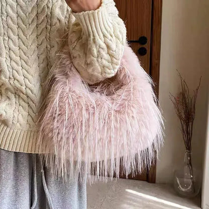 Women’s Faux Fur Hobo Shoulder Bag With Chain Strap Soft Plush Purse