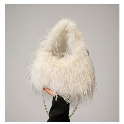 Women’s Faux Fur Hobo Shoulder Bag With Chain Strap Soft Plush Purse