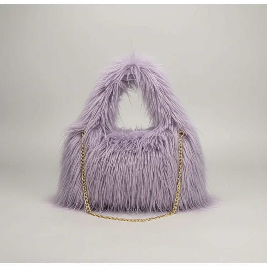 Women’s Faux Fur Hobo Shoulder Bag With Chain Strap Soft Plush Purse