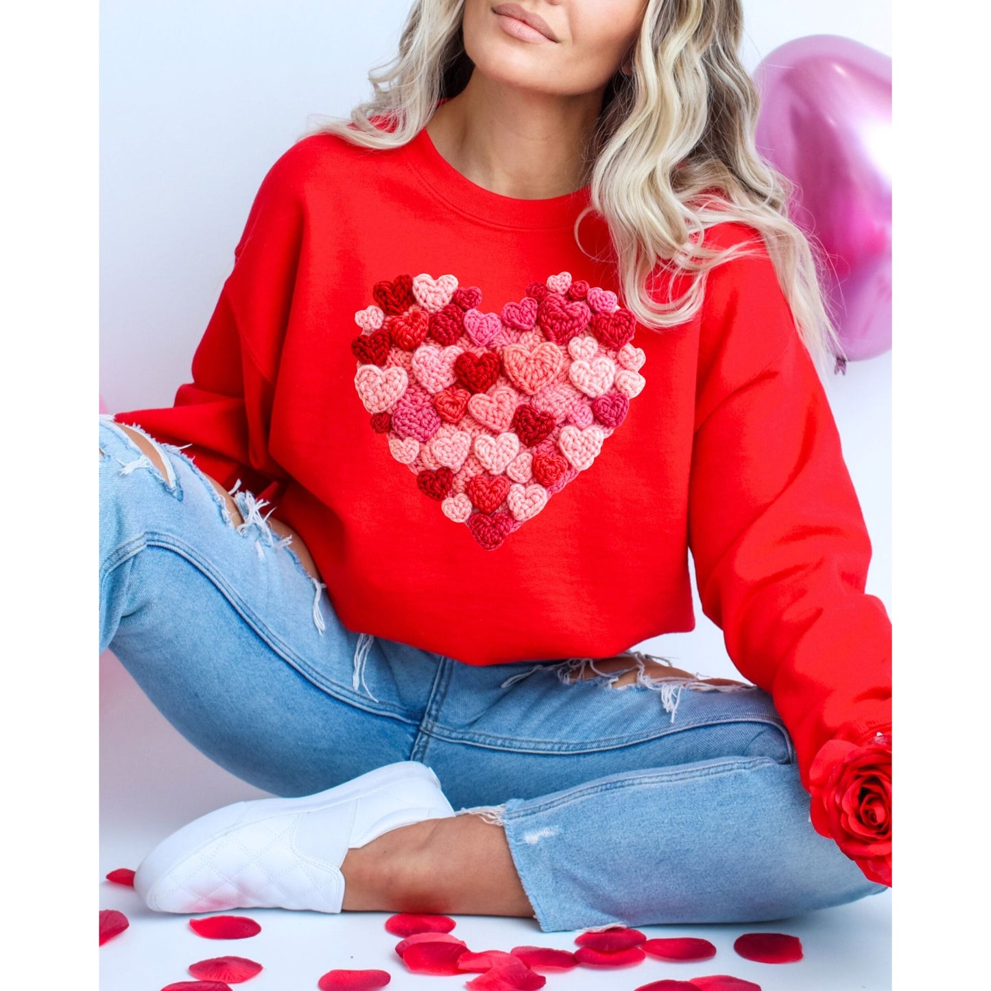 Heart Pattern Knit Look Graphic Shirt Cozy Valentine Style