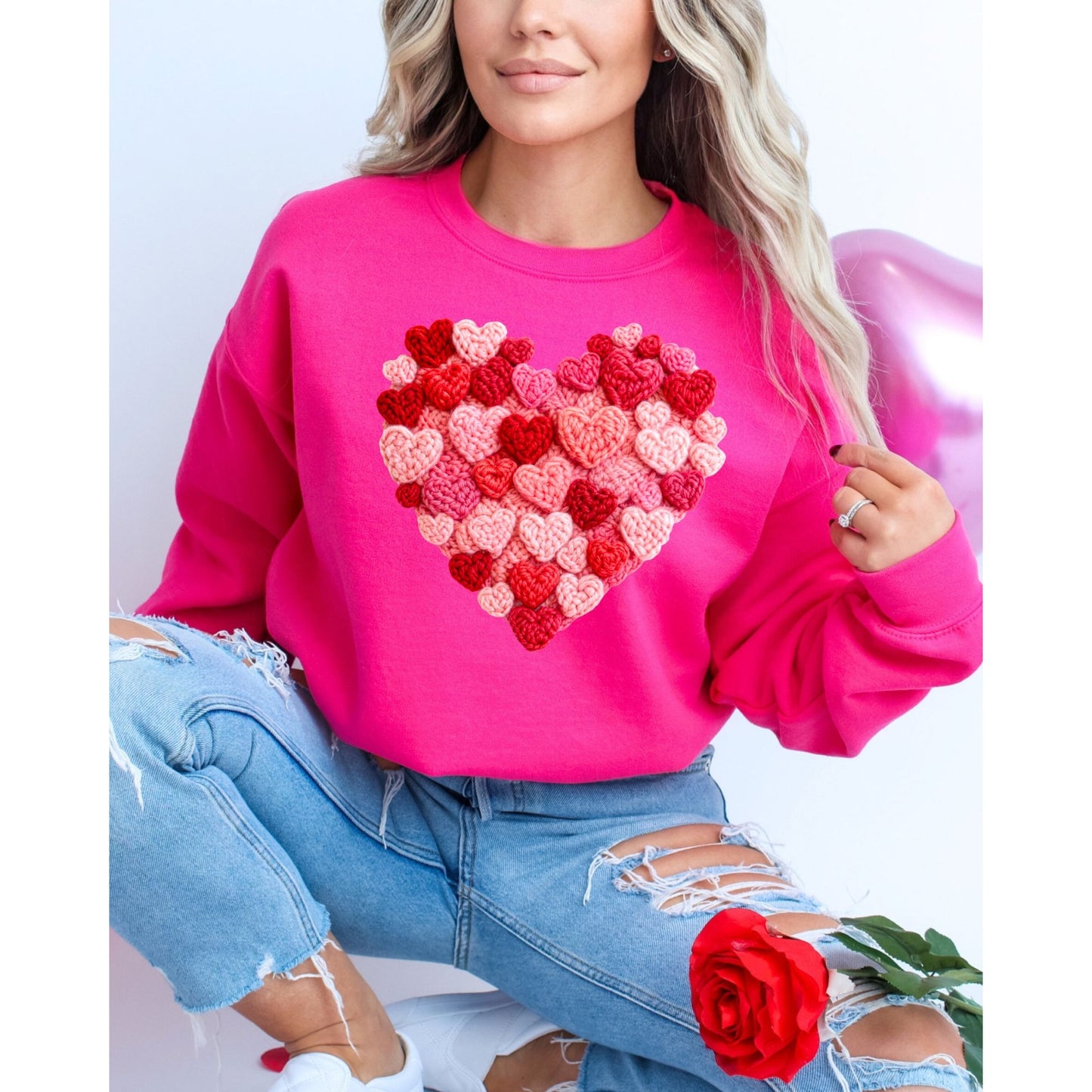 Heart Pattern Knit Look Graphic Shirt Cozy Valentine Style
