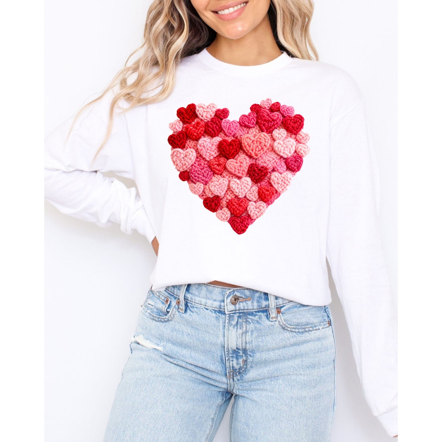 Heart Pattern Knit Look Graphic Shirt Cozy Valentine Style