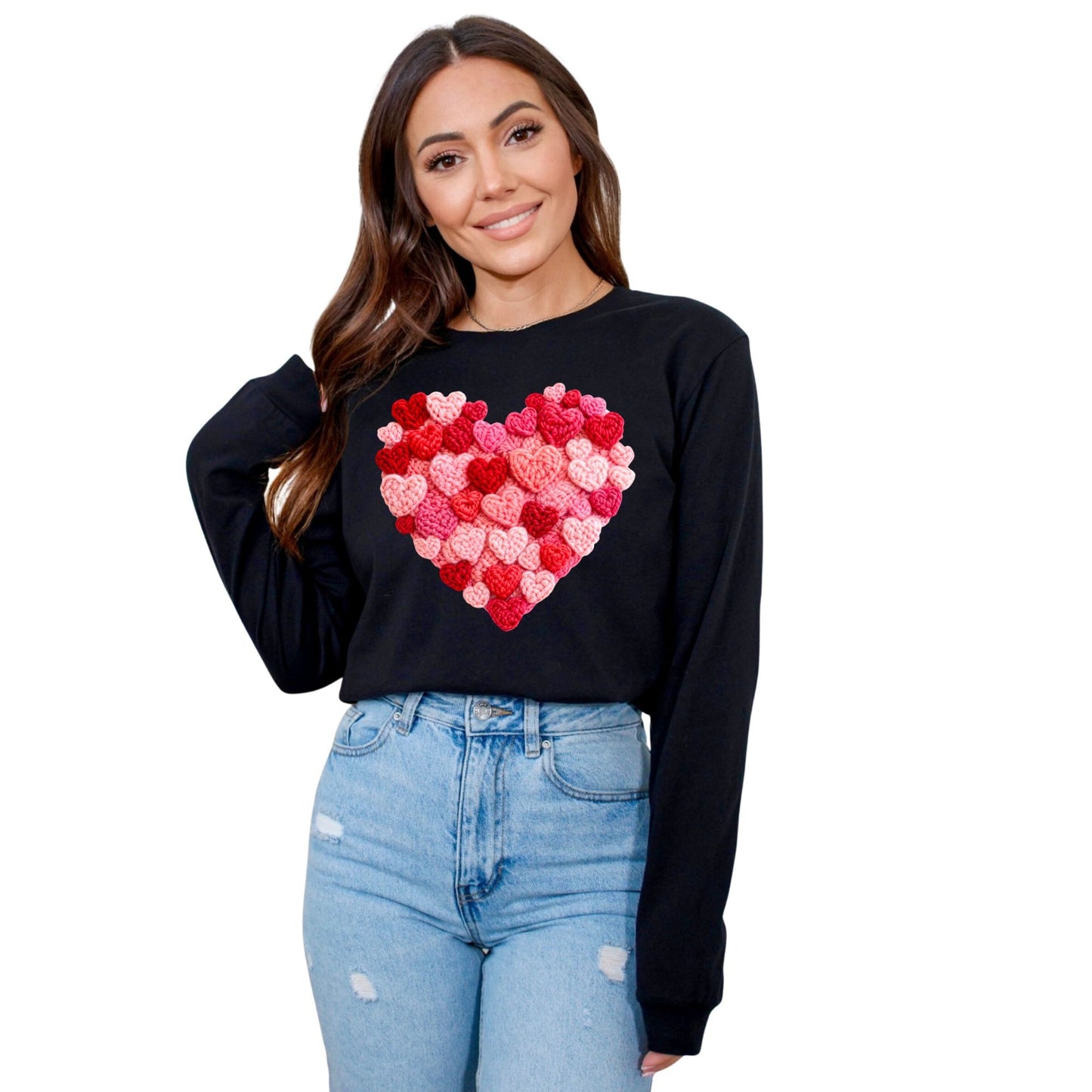 Heart Pattern Knit Look Graphic Shirt Cozy Valentine Style