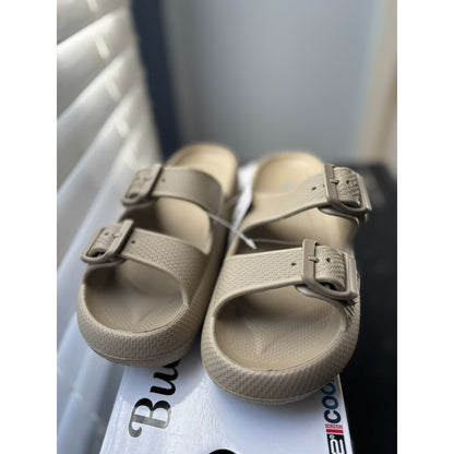 Buckle Cushion Slide Sandals By BE COOL Natural