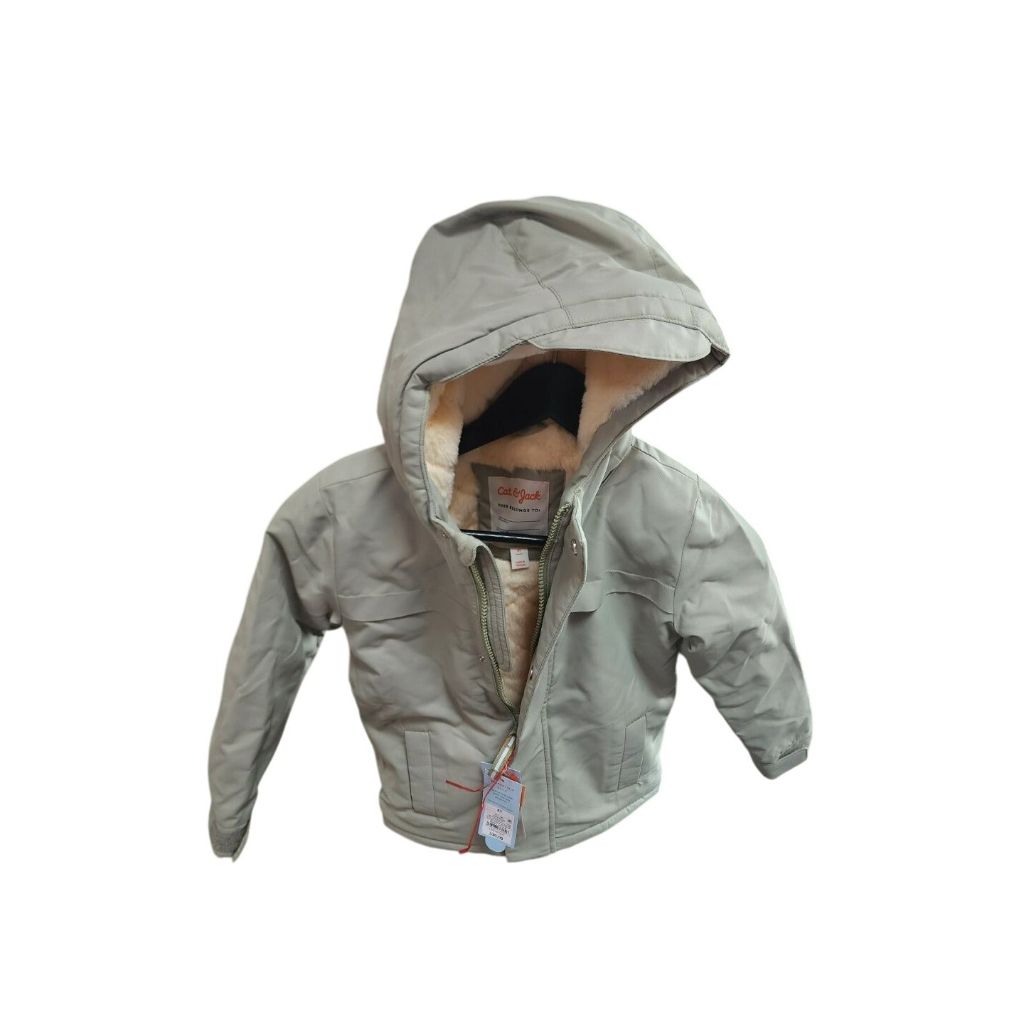 Kids Olive Green Hooded Winter Coat W/ Faux Fur Lining & Zip Closure