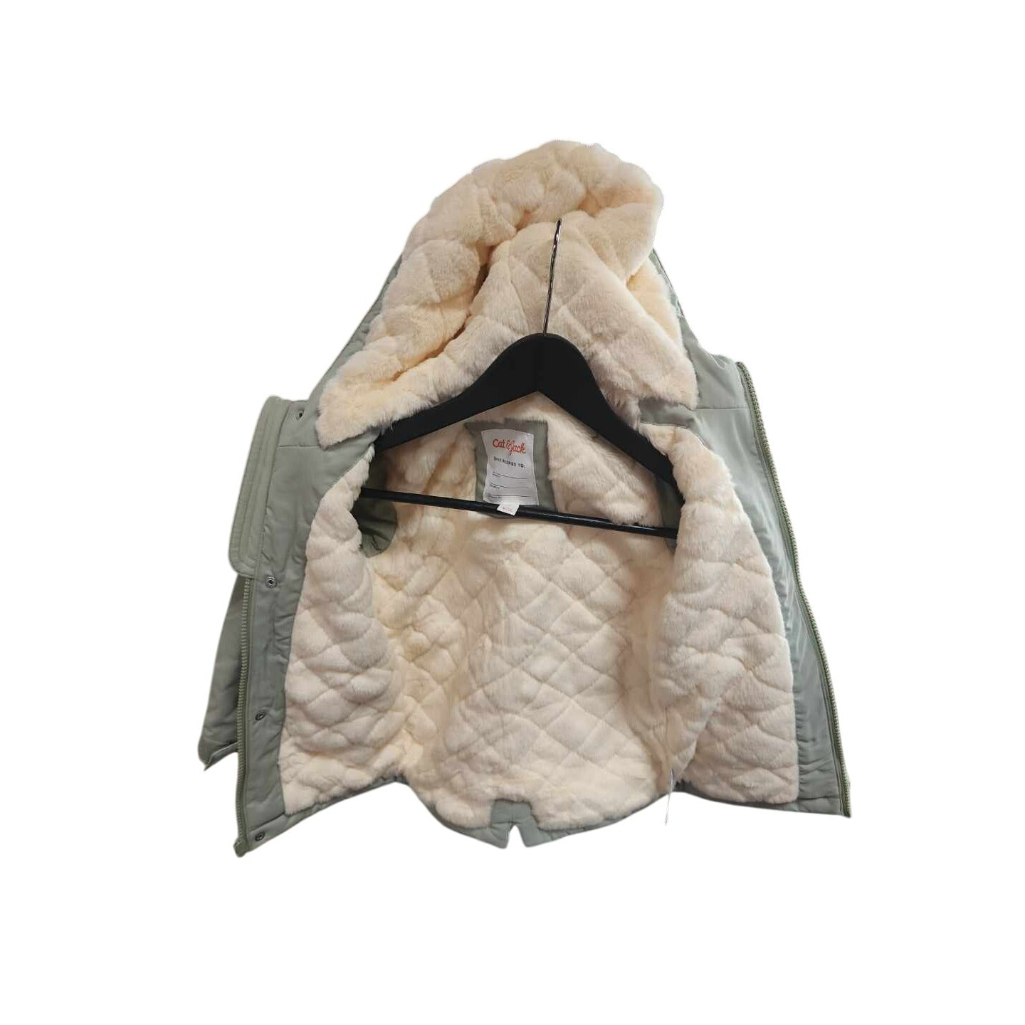 Kids Olive Green Hooded Winter Coat W/ Faux Fur Lining & Zip Closure