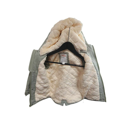 Kids Olive Green Hooded Winter Coat W/ Faux Fur Lining & Zip Closure