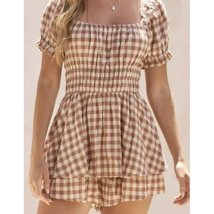 GINGHAM PRINT PUFF SLEEVE ROMPER