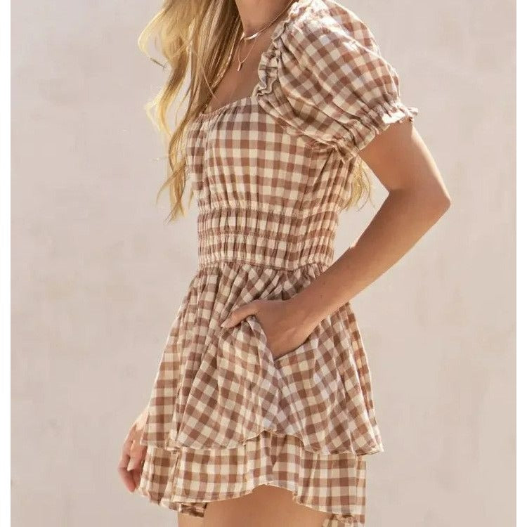 GINGHAM PRINT PUFF SLEEVE ROMPER