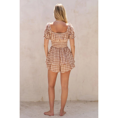 GINGHAM PRINT PUFF SLEEVE ROMPER