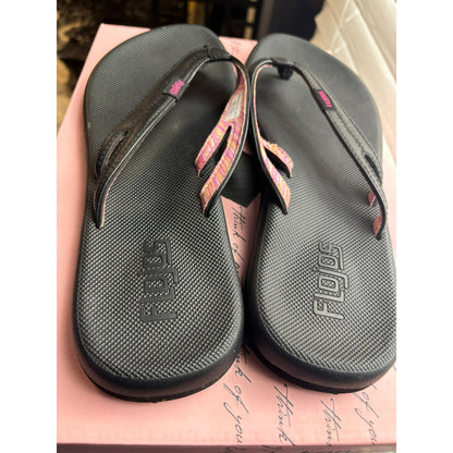 Flojos Womens Black Flip Flops With Pink Striped Straps Lightweight Comfortable Casual Beach Sandals