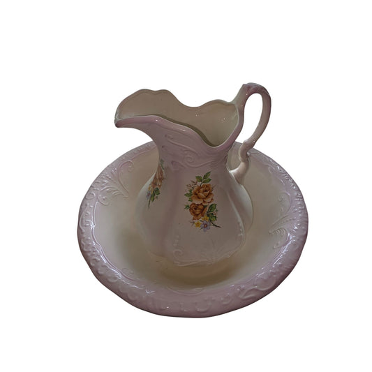 Vintage R.S. Prussia Wash Basin & Pitcher Set | Blush Pink Floral Porcelain Ewer | Victorian Bedroom Decor | Antique Washstand Set